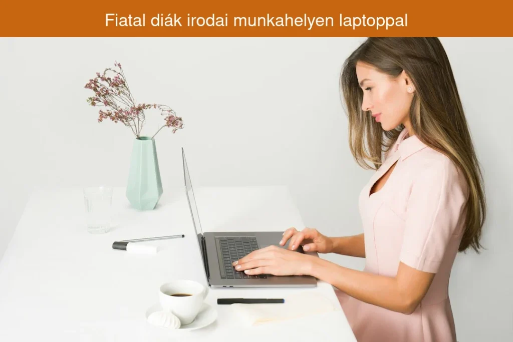 Fiatal diák irodai munkahelyen laptoppal